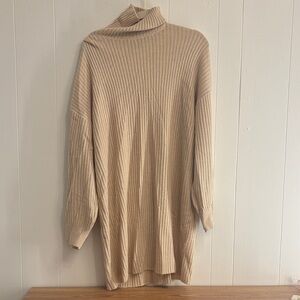 Women's Tan Ribbed Turtleneck Sweater